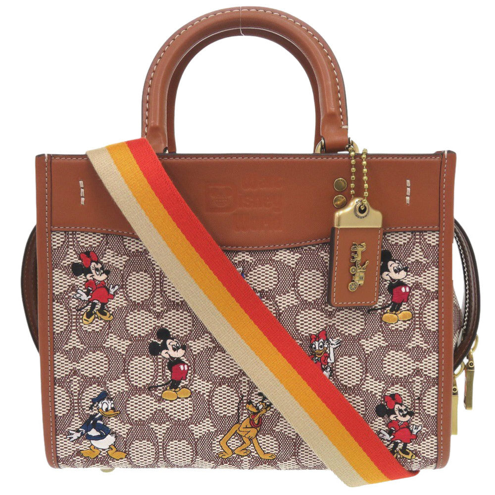 Coach Shoulder Bag Leather, Canvas Brown Disney Collaboration Rogue 25 Signature With Mickey Mouse And Friends Embroidery Women Used Authentic