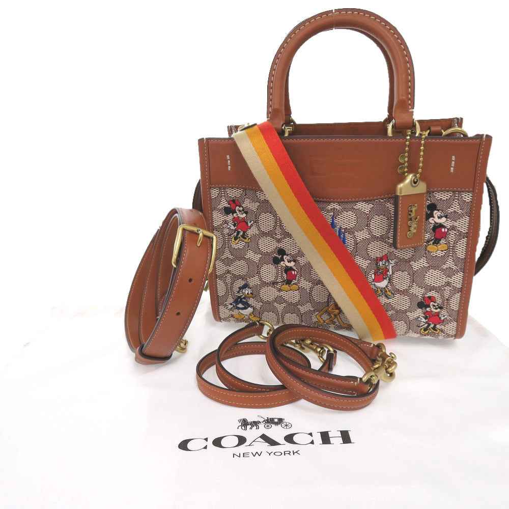 Coach Shoulder Bag Leather, Canvas Brown Disney Collaboration Rogue 25 Signature With Mickey Mouse And Friends Embroidery Women Used Authentic