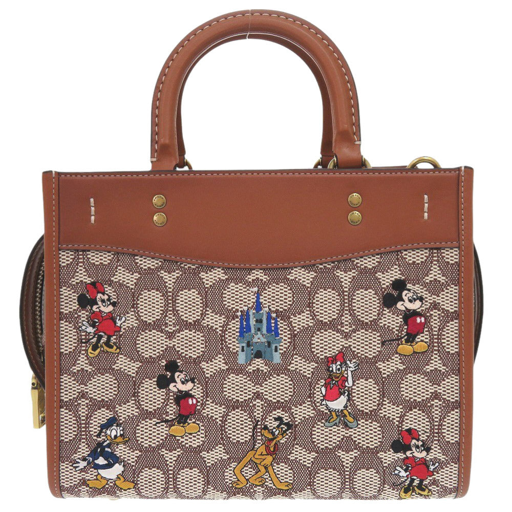 Coach Shoulder Bag Leather, Canvas Brown Disney Collaboration Rogue 25 Signature With Mickey Mouse And Friends Embroidery Women Used Authentic