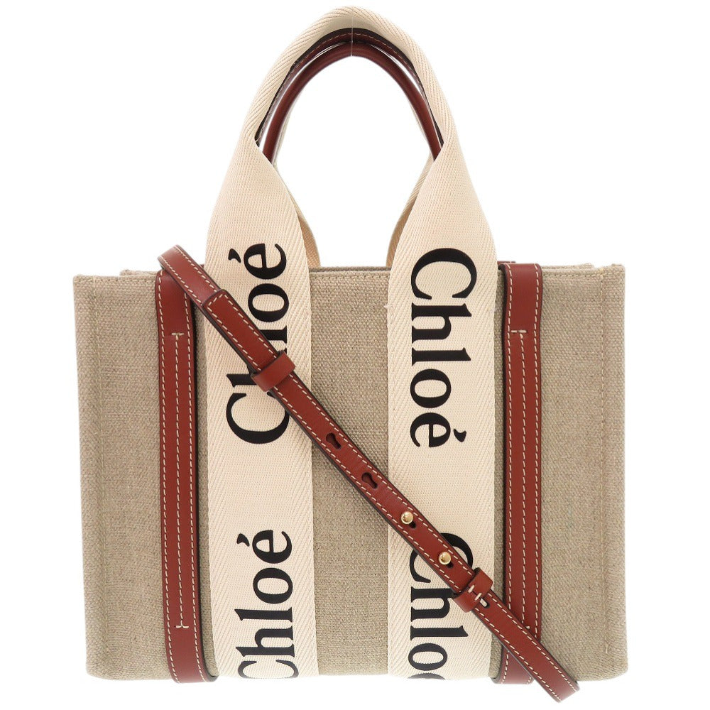 Chloe Tote Bag Chc22 As397 I2690 U Leather White Linen Woody Small Women Used Authentic