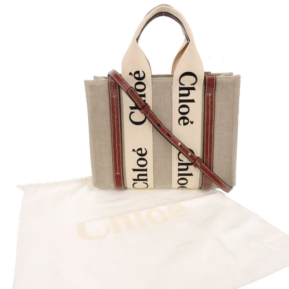 Chloe Tote Bag Chc22 As397 I2690 U Leather White Linen Woody Small Women Used Authentic