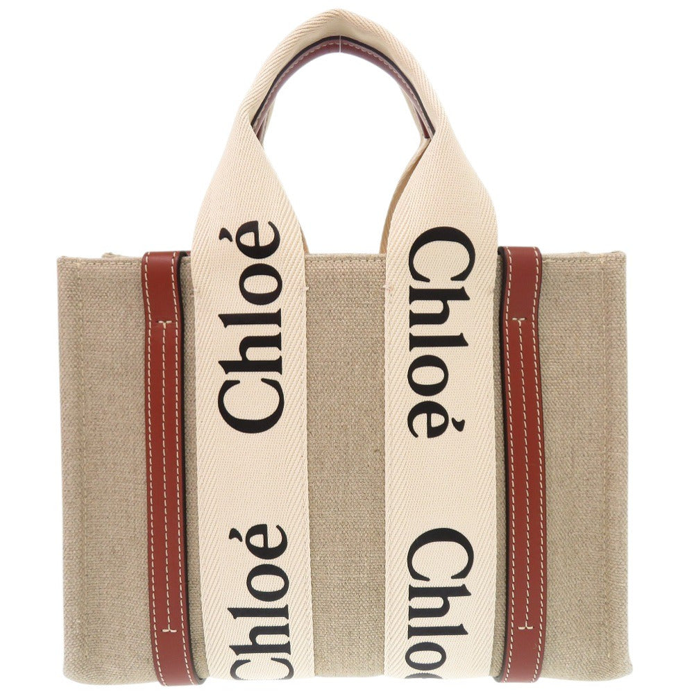 Chloe Tote Bag Chc22 As397 I2690 U Leather White Linen Woody Small Women Used Authentic