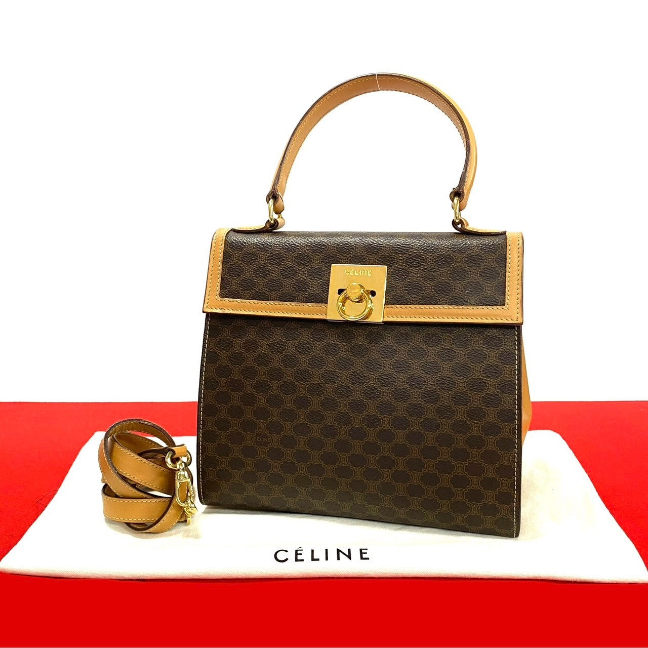 Celine Shoulder Bag Leather, Pvc Brown Macadam Blason Triomphe Pattern Logo Ring Metal Women Used Authentic