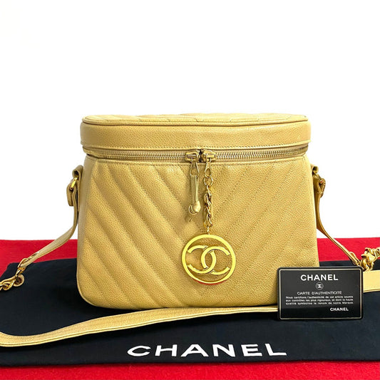 Chanel Shoulder Bag Matt Caviar Skin Beige Coco Mark Vstitch Women Used Authentic