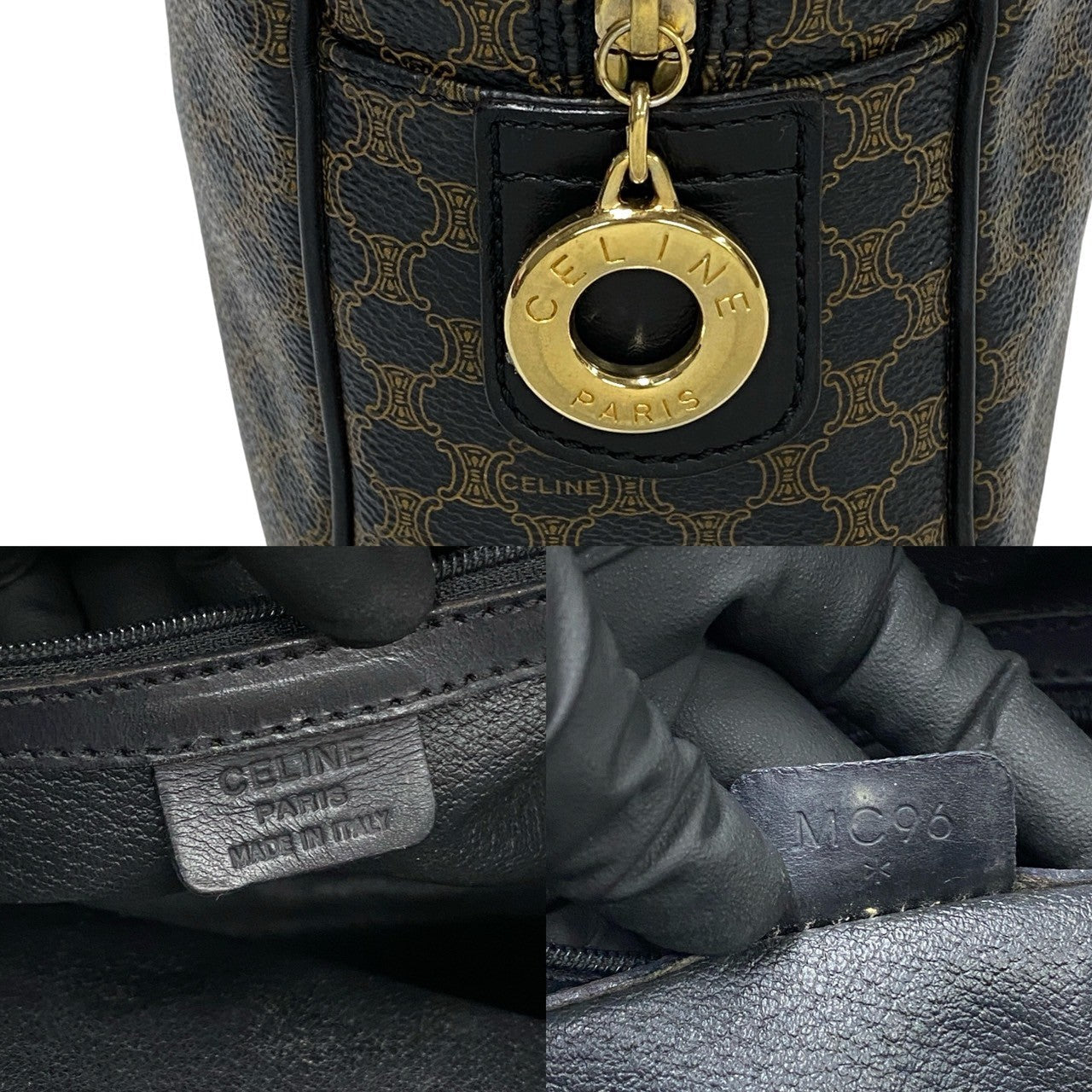 Celine Handbag Leather, Pvc Black Macadam Blason Triomphe Pattern Women Used Authentic