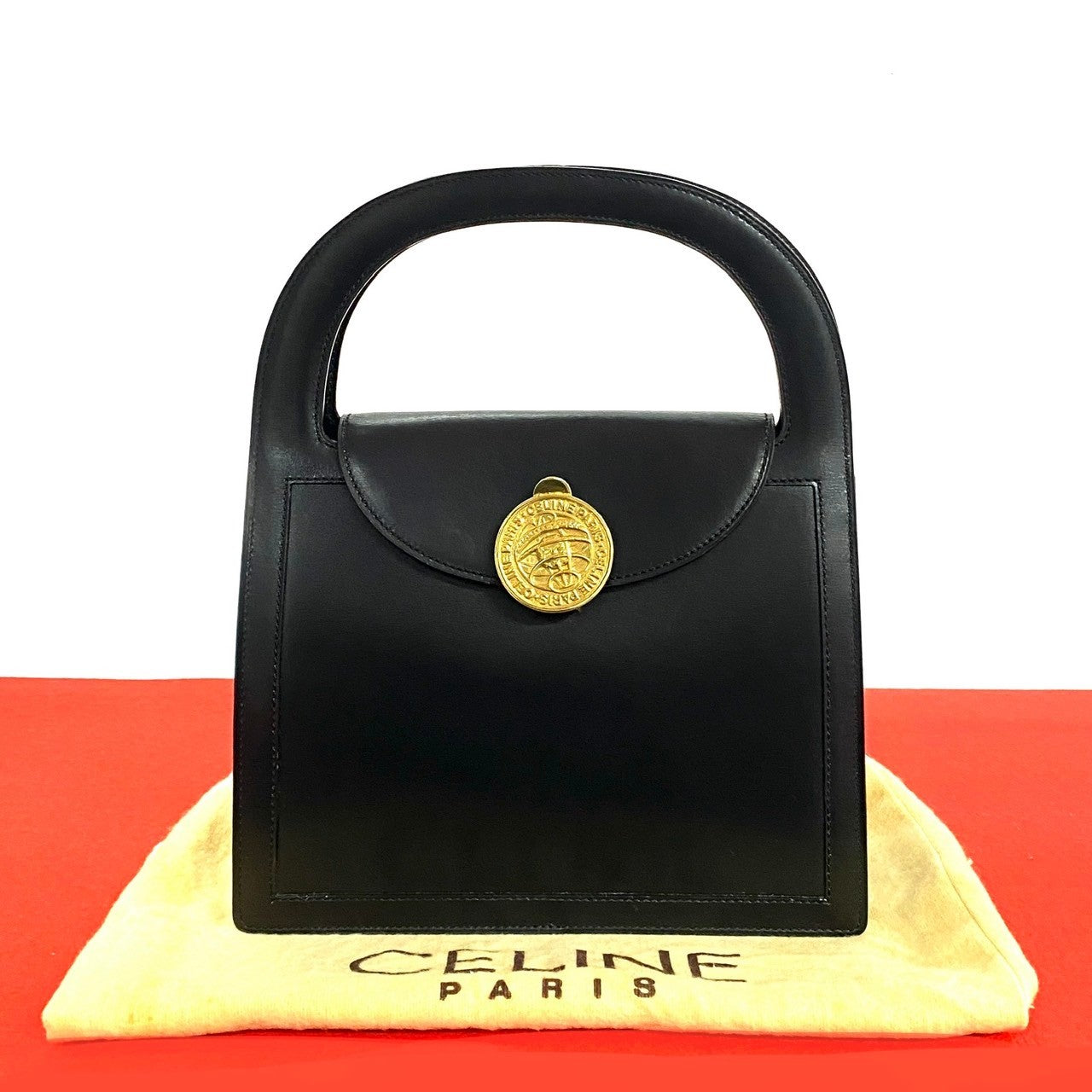 Celine Handbag Leather Black Globe Logo Metal Women Used Authentic