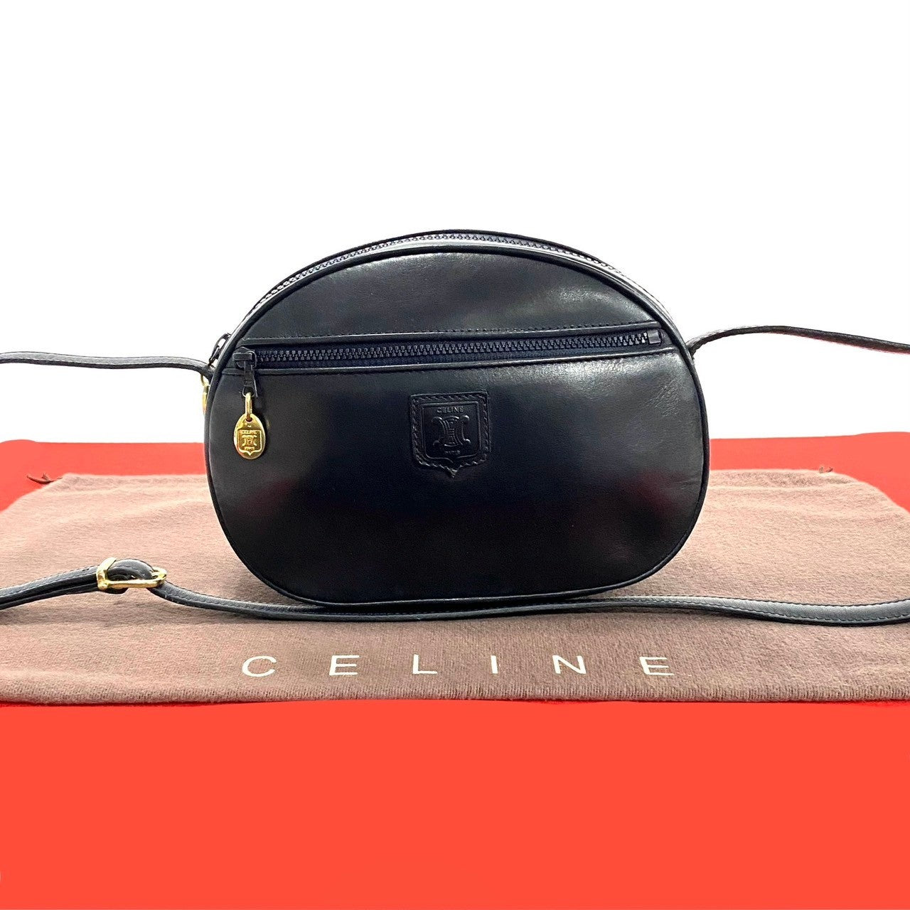 Celine Shoulder Bag Calfskin, Leather Navy Triomphe Logo Women Used Authentic