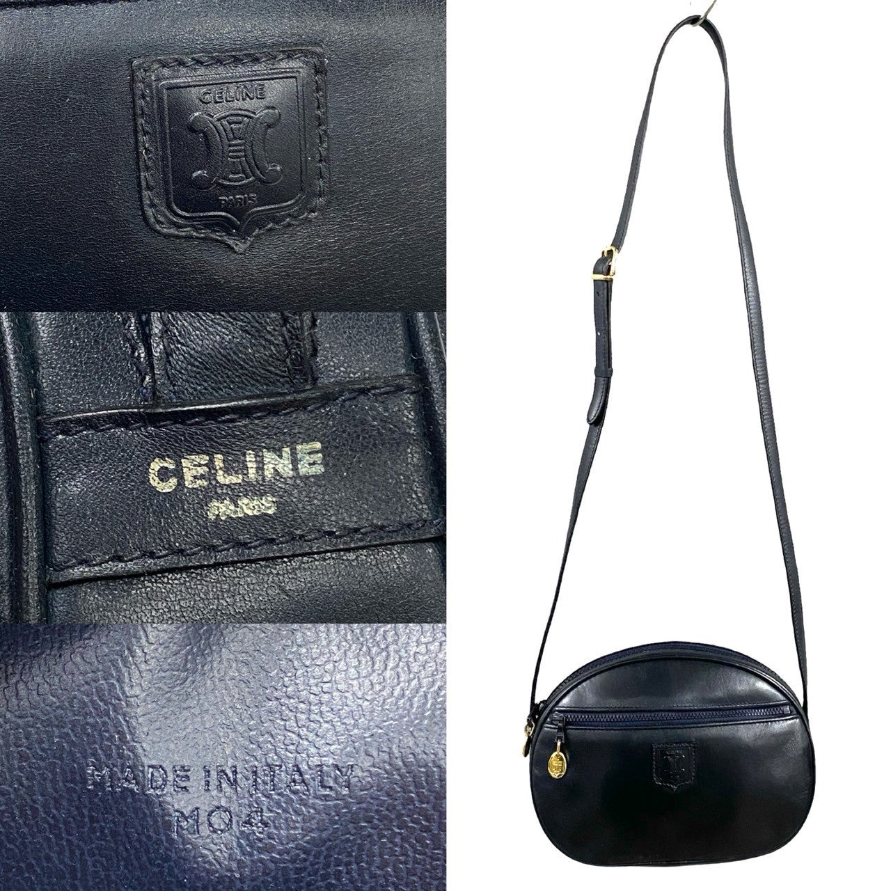 Celine Shoulder Bag Calfskin, Leather Navy Triomphe Logo Women Used Authentic