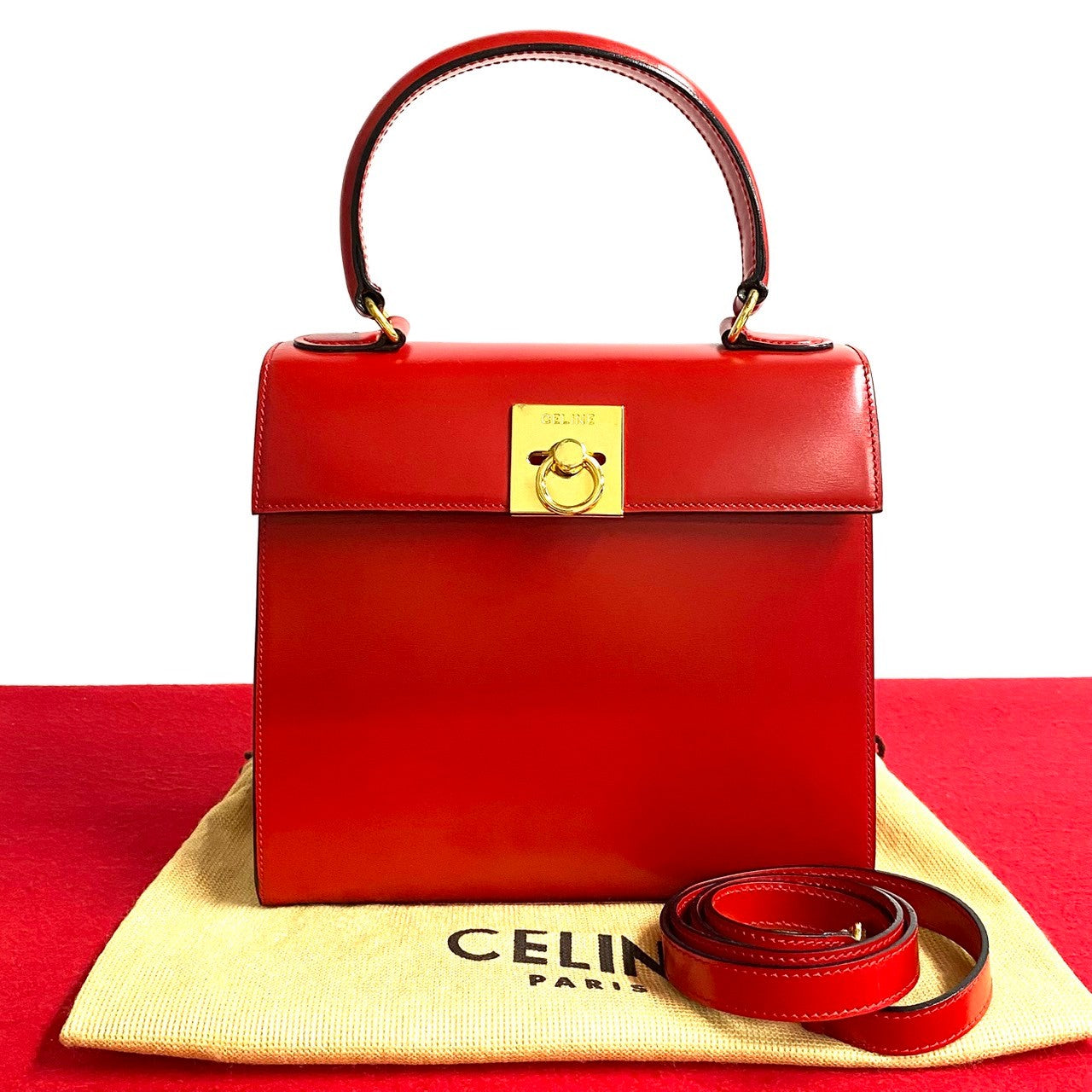 Celine Shoulder Bag Calfskin, Leather Red Logo Ring Metal Women Used Authentic