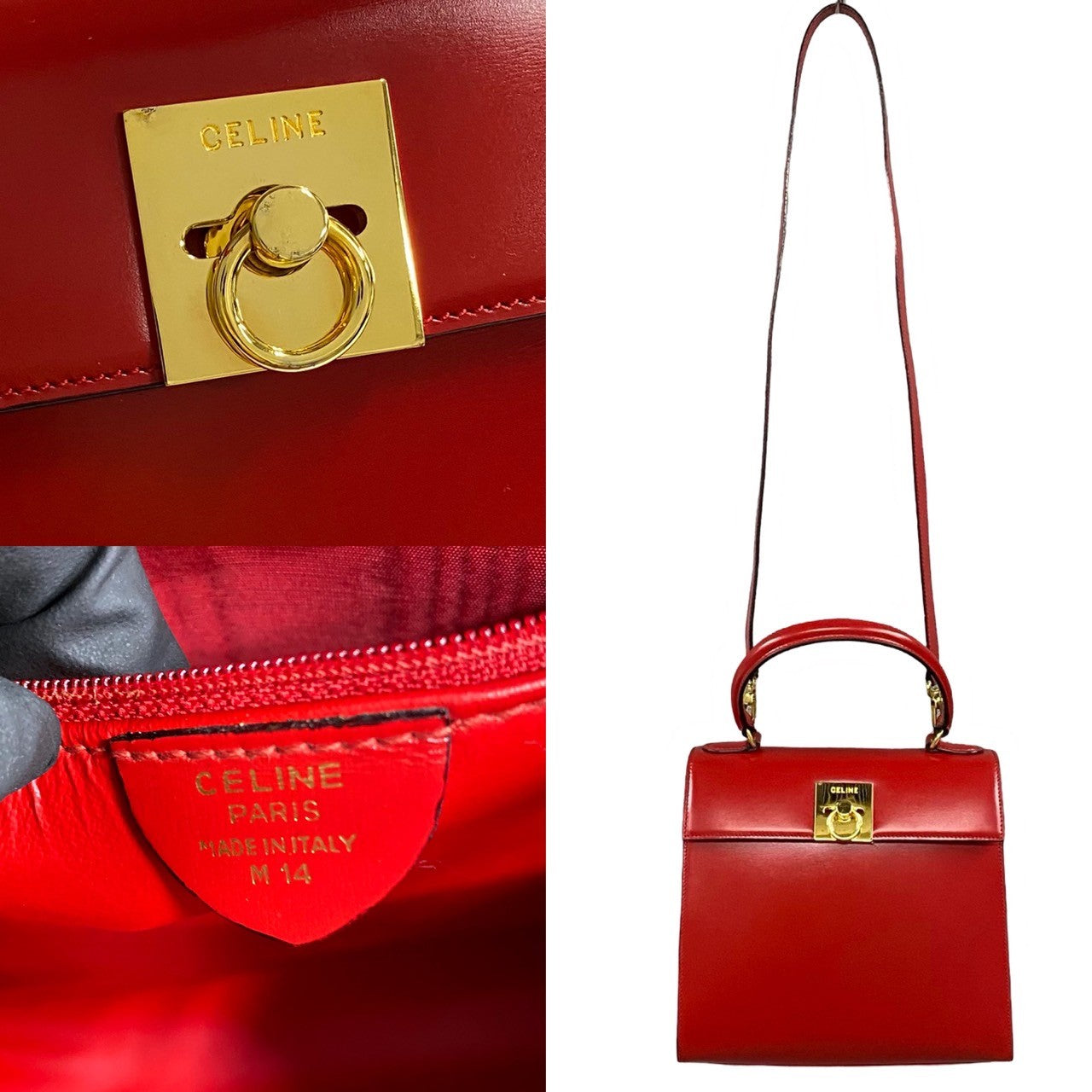 Celine Shoulder Bag Calfskin, Leather Red Logo Ring Metal Women Used Authentic