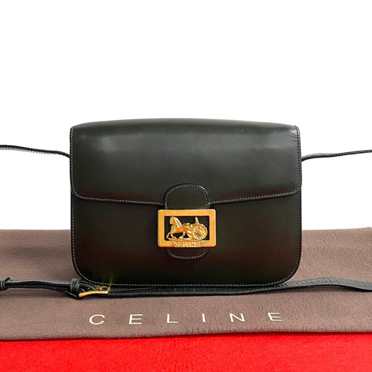 Celine Shoulder Bag Calfskin, Leather Green Carriage Metal Women Used Authentic