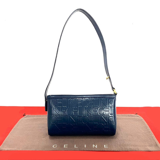 Celine Shoulder Bag Leather Navy Logo All Over Pattern Women Used Authentic