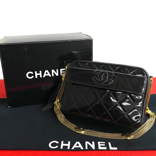 Chanel Shoulder Bag Patent Leather Black Coco Mark Tassel Women Used Authentic