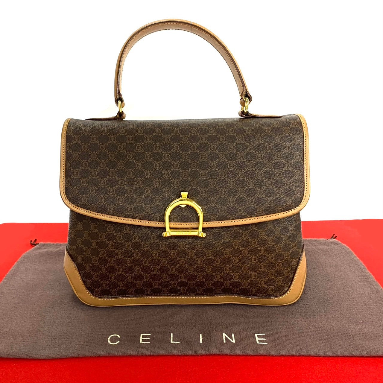 Celine Handbag Leather, Pvc Brown Macadam Brazon Women Used Authentic