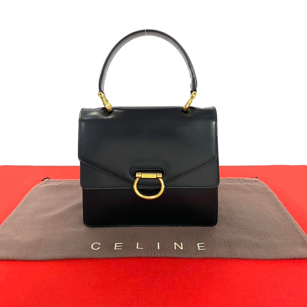 Celine Handbag Leather Black Gancini Metal Women Used Authentic