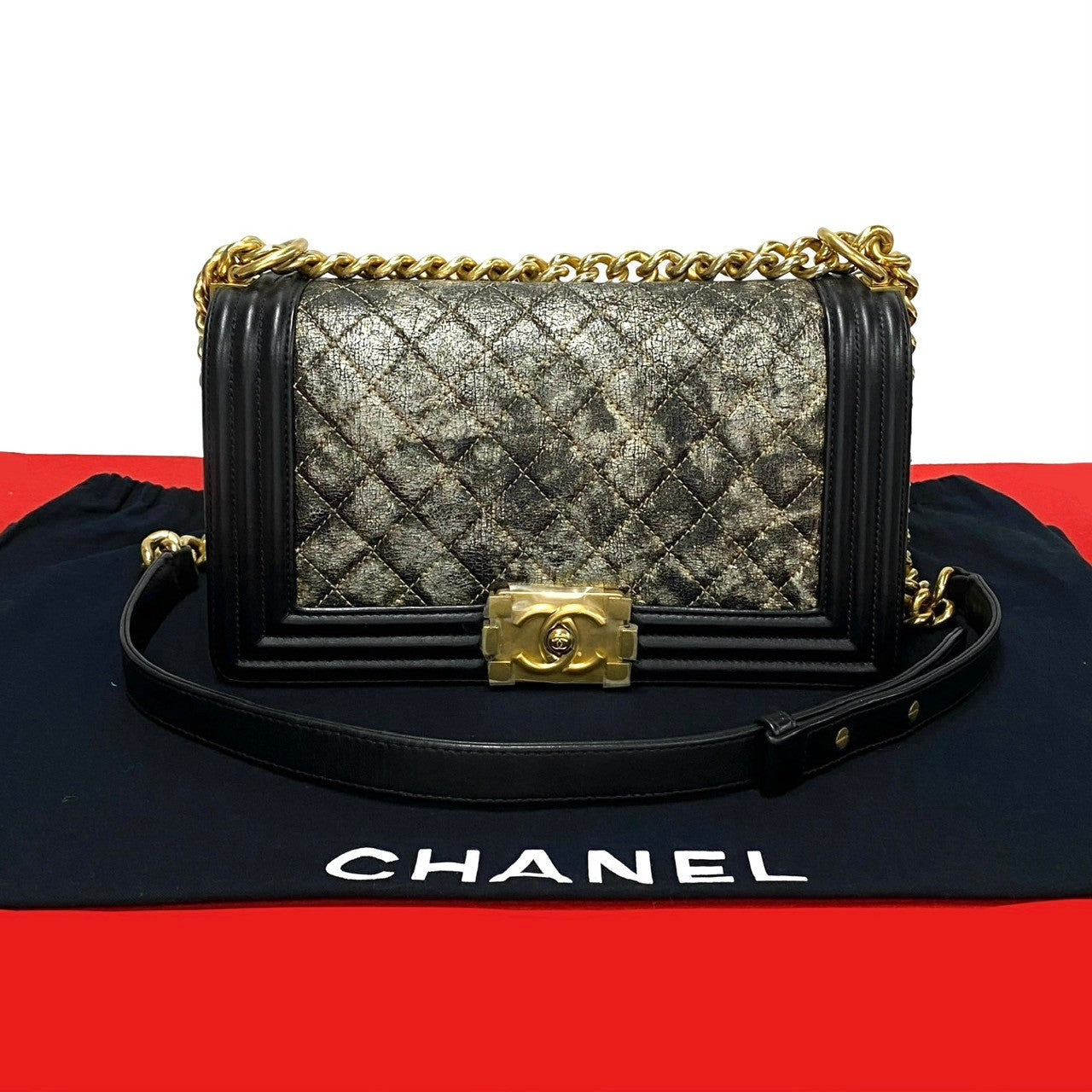 Chanel Shoulder Bag Leather Black Quilted Metallic Boy Chanel Women Used Authentic