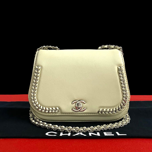 Chanel Shoulder Bag Lambskin White Coco Mark Women Used Authentic