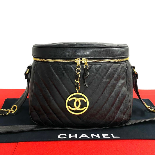 Chanel Shoulder Bag Matt Caviar Skin Black Coco Mark Vstitch Women Used Authentic