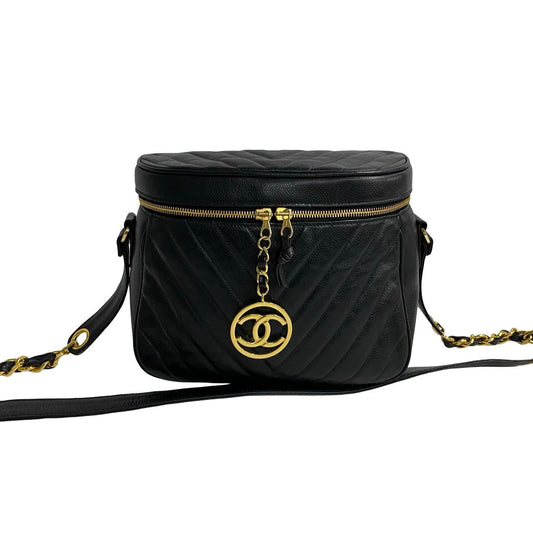 Chanel Shoulder Bag Matt Caviar Skin Black Coco Mark Vstitch Women Used Authentic