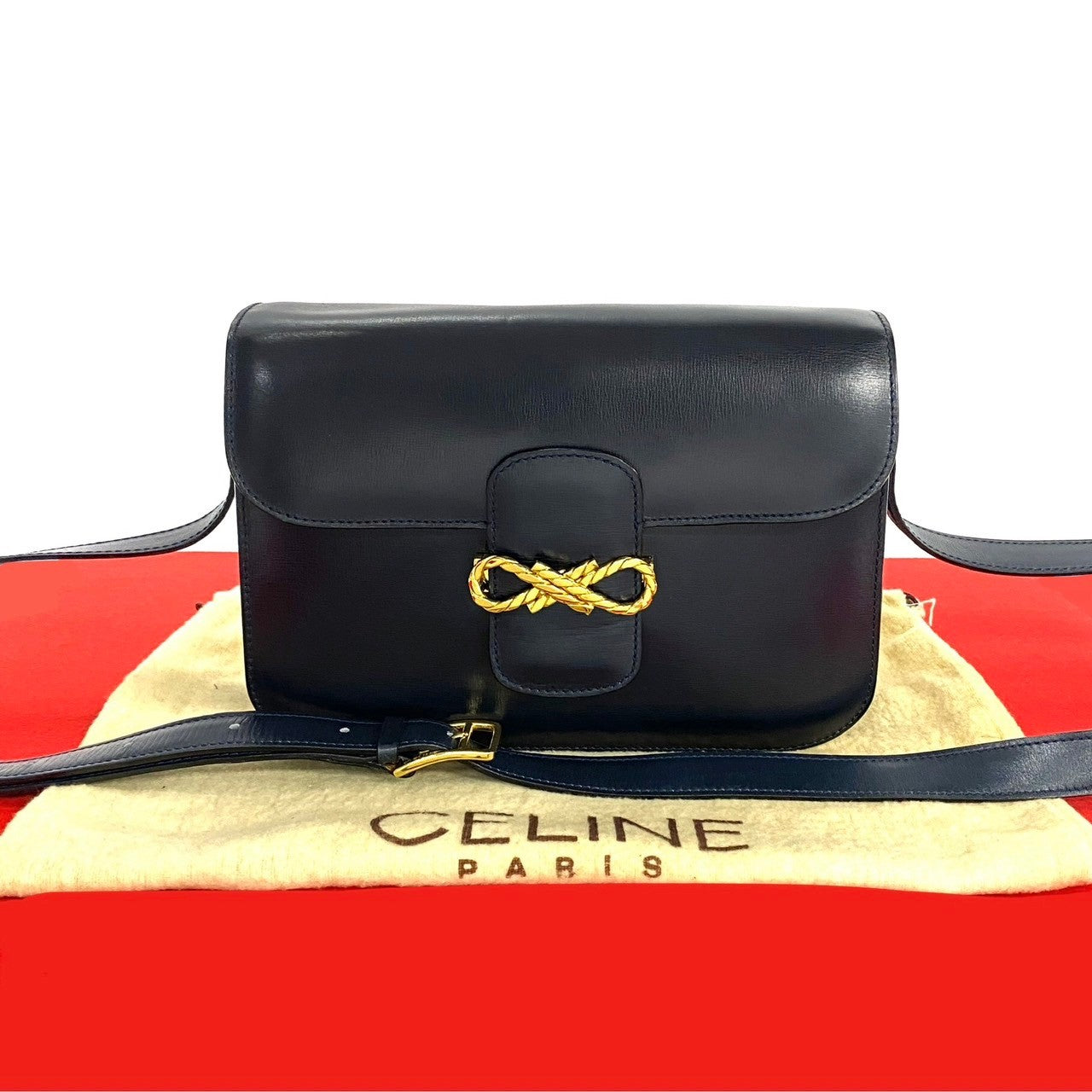 Celine Shoulder Bag Leather Navy Women Used Authentic