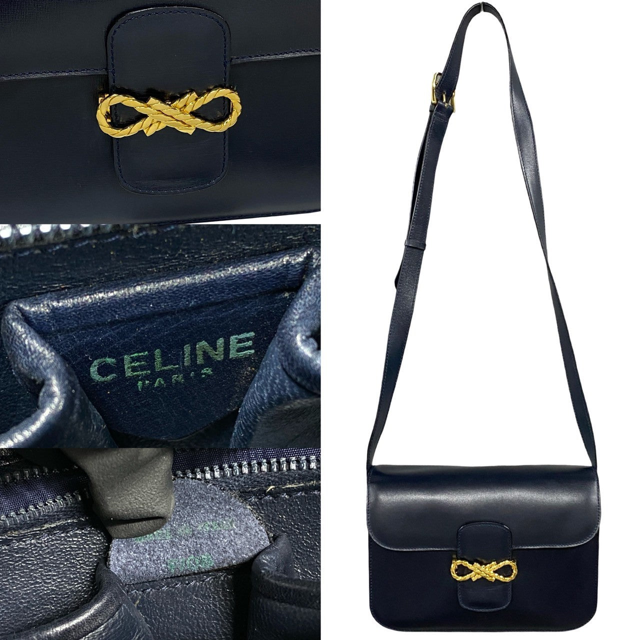 Celine Shoulder Bag Leather Navy Women Used Authentic