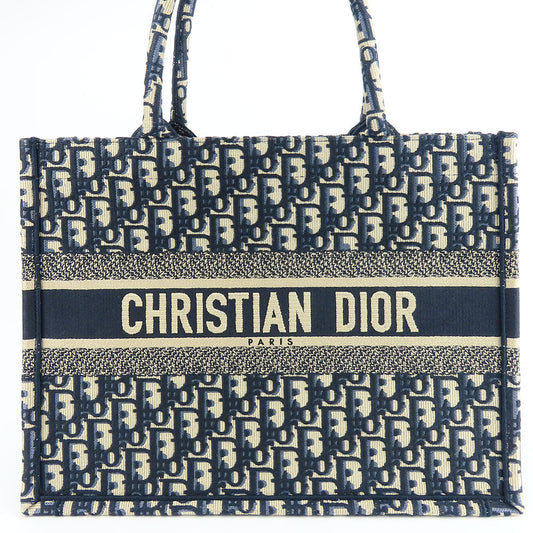 Christian Dior Tote Bag Canvas Navy Oblique Embroidered Book Tote Medium Women Used Authentic