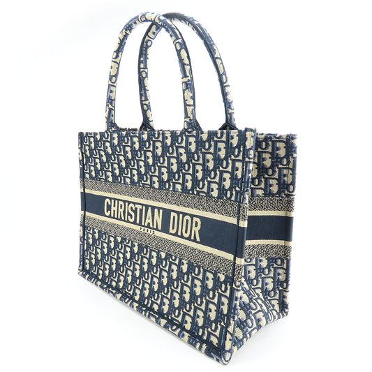 Christian Dior Tote Bag Canvas Navy Oblique Embroidered Book Tote Medium Women Used Authentic