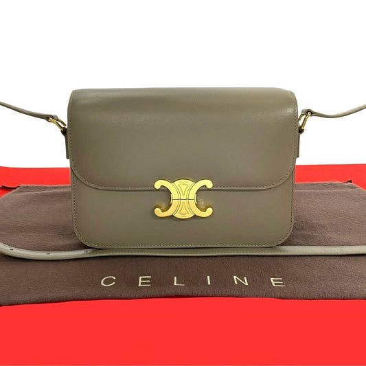 Celine Shoulder Bag Leather Gray Triomphe Logo Metal Classic Triomphe Women Used Authentic