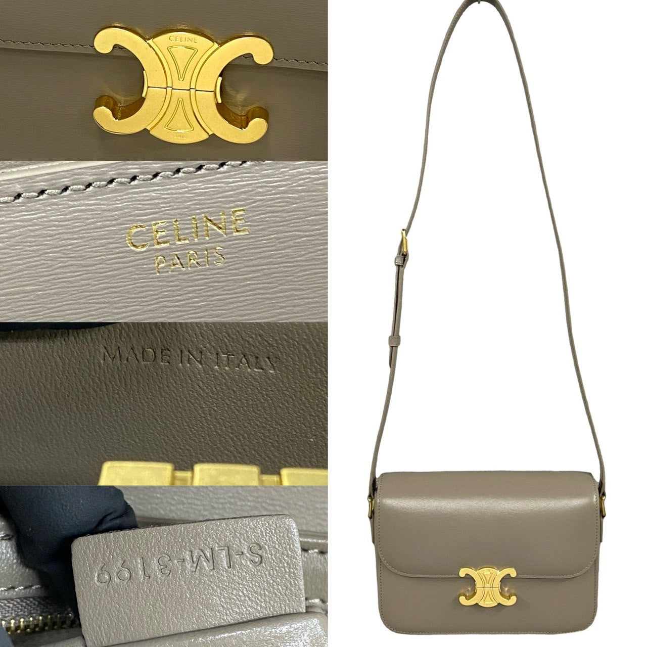 Celine Shoulder Bag Leather Gray Triomphe Logo Metal Classic Triomphe Women Used Authentic