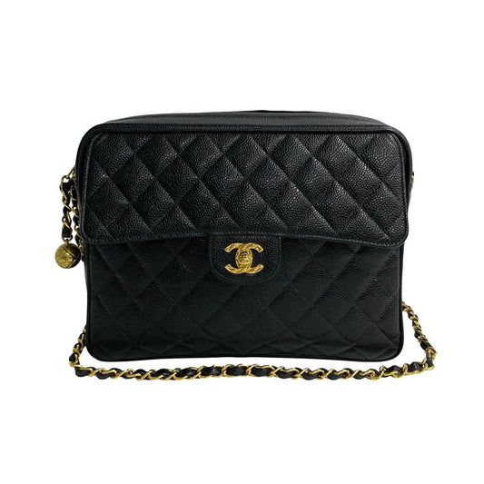 Chanel Shoulder Bag Matt Caviar Skin Black Coco Mark Matrasse Women Used Authentic