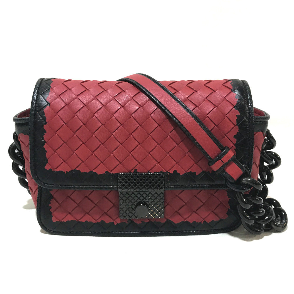 Bottegaveneta Shoulder Bag 339270 Lambskin Red X Black Intrecciato Mini Chain Women Used Authentic