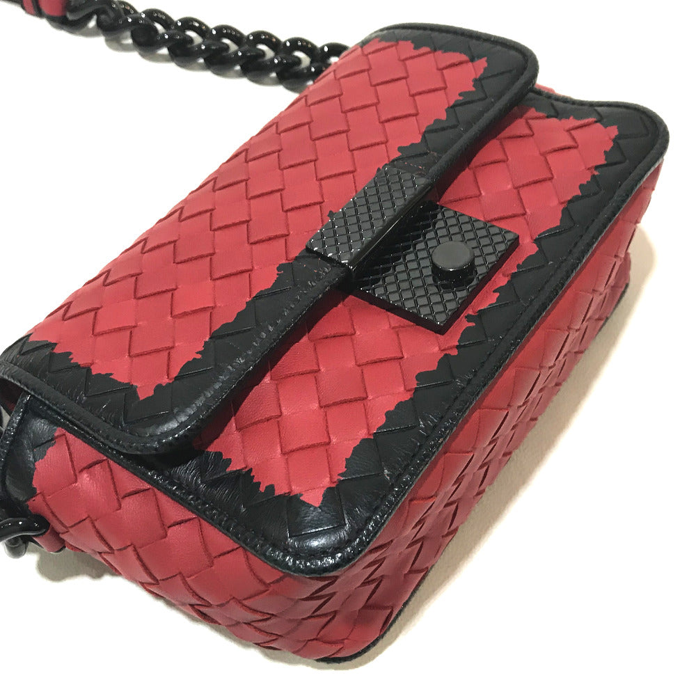 Bottegaveneta Shoulder Bag 339270 Lambskin Red X Black Intrecciato Mini Chain Women Used Authentic