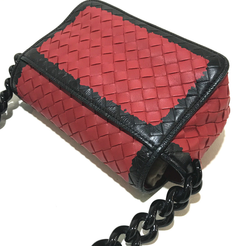 Bottegaveneta Shoulder Bag 339270 Lambskin Red X Black Intrecciato Mini Chain Women Used Authentic