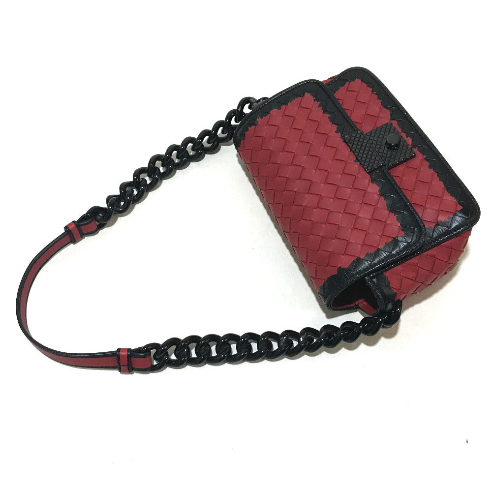 Bottegaveneta Shoulder Bag 339270 Lambskin Red X Black Intrecciato Mini Chain Women Used Authentic