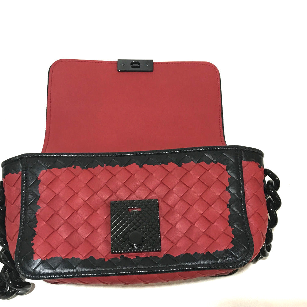 Bottegaveneta Shoulder Bag 339270 Lambskin Red X Black Intrecciato Mini Chain Women Used Authentic