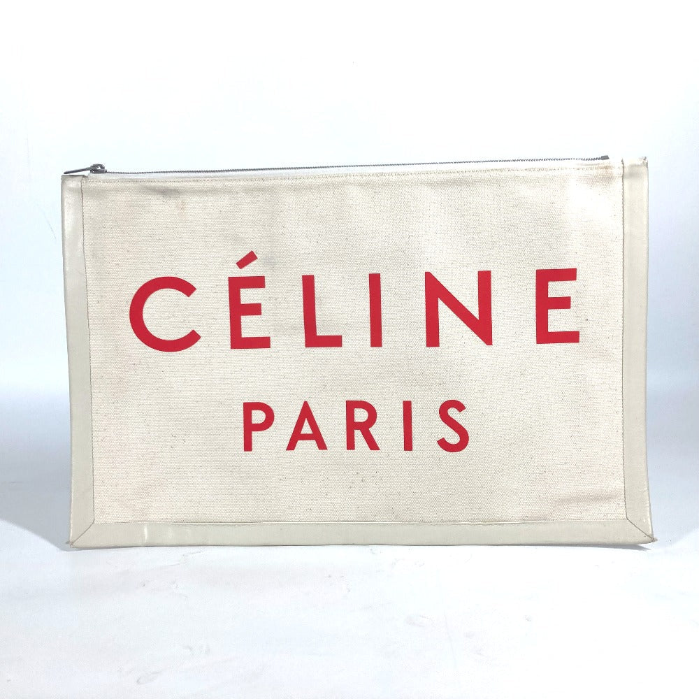 Celine Clutch Bag Leather / Canvas White Logo Women Used Authentic