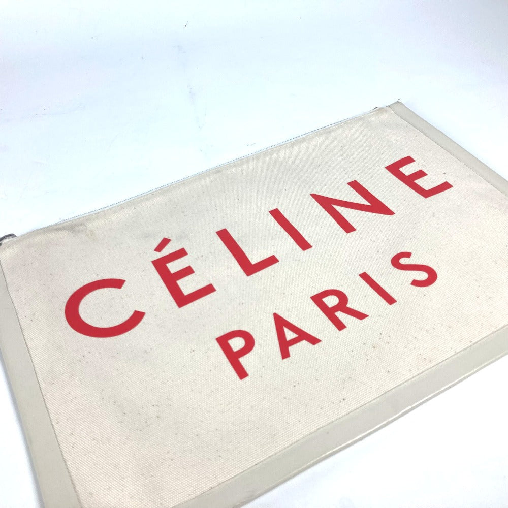 Celine Clutch Bag Leather / Canvas White Logo Women Used Authentic