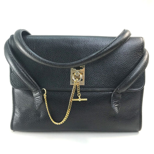 Celine Handbag Leather Black X Gold Metal Vintage Chain Lock Women Used Authentic