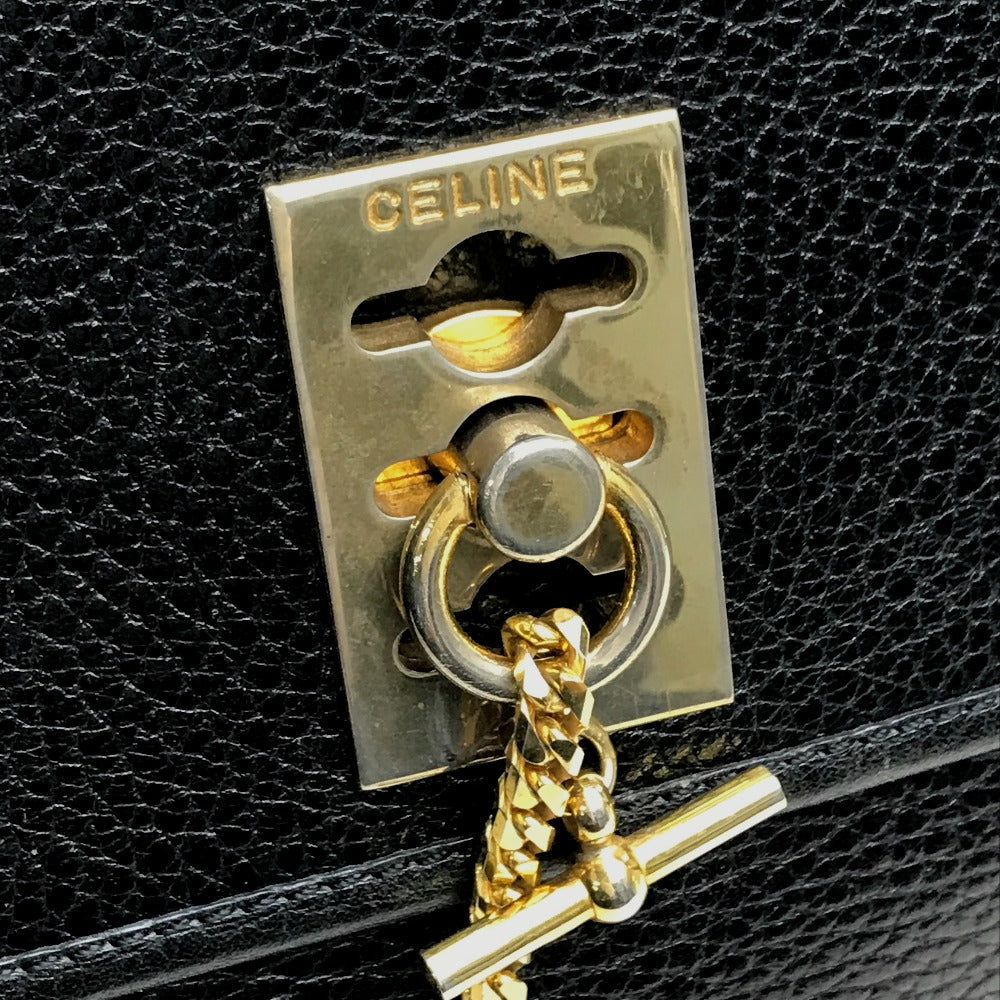 Celine Handbag Leather Black X Gold Metal Vintage Chain Lock Women Used Authentic