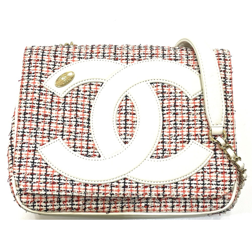 Chanel Shoulder Bag Leather, Tweed White X Red Cc Coco Mark Flap Pochette Women Used Authentic