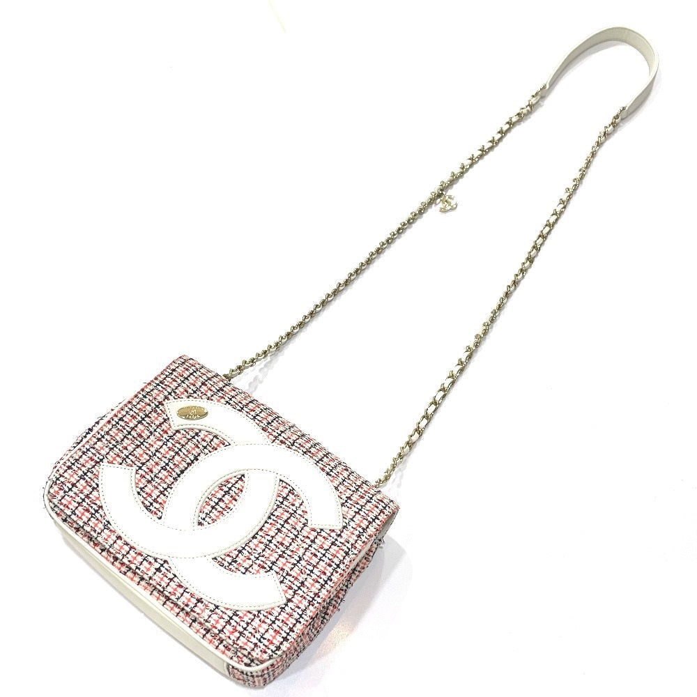 Chanel Shoulder Bag Leather, Tweed White X Red Cc Coco Mark Flap Pochette Women Used Authentic