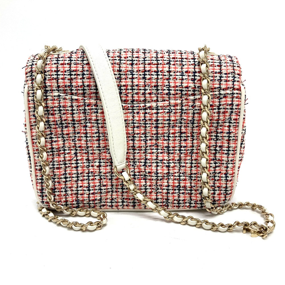 Chanel Shoulder Bag Leather, Tweed White X Red Cc Coco Mark Flap Pochette Women Used Authentic