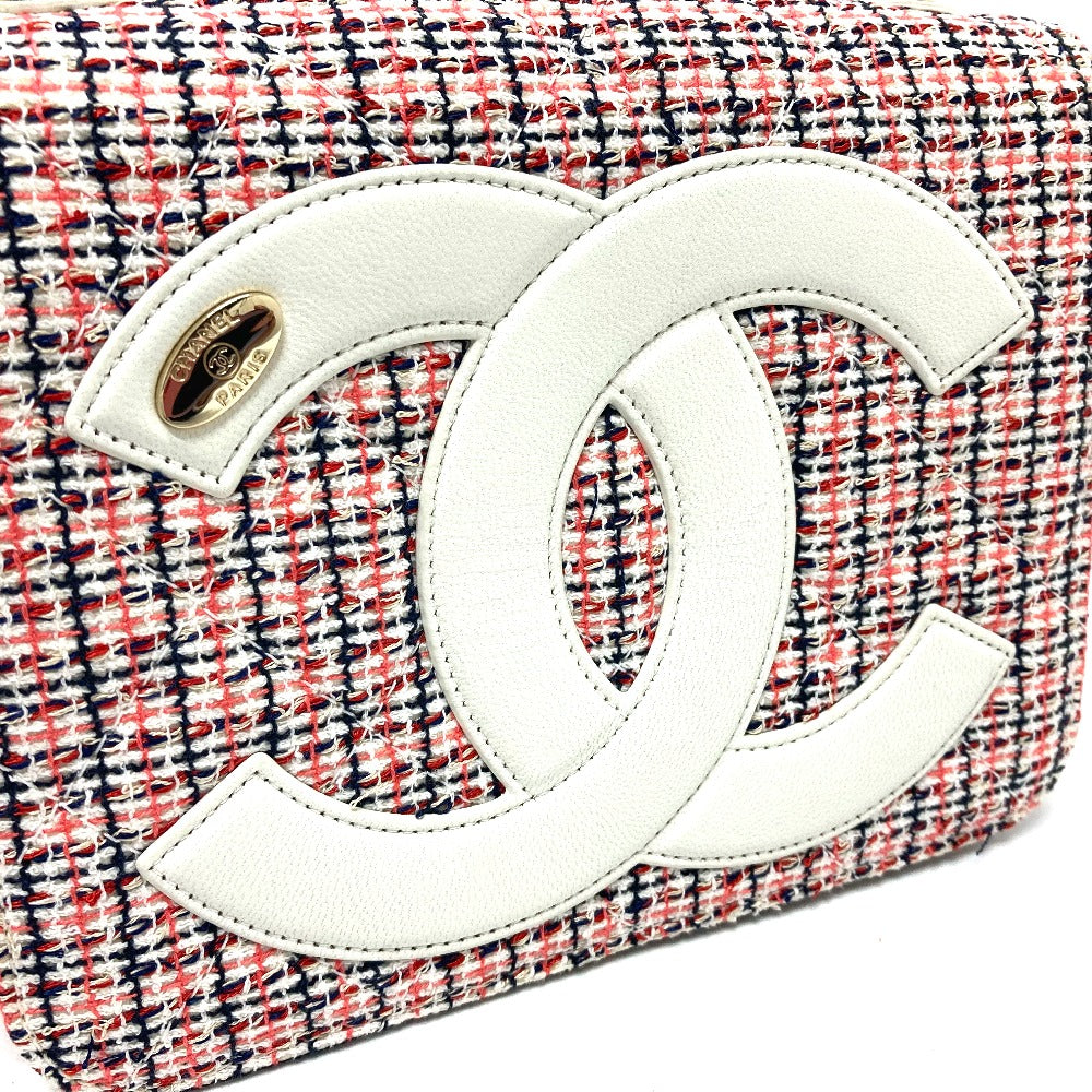 Chanel Shoulder Bag Leather, Tweed White X Red Cc Coco Mark Flap Pochette Women Used Authentic