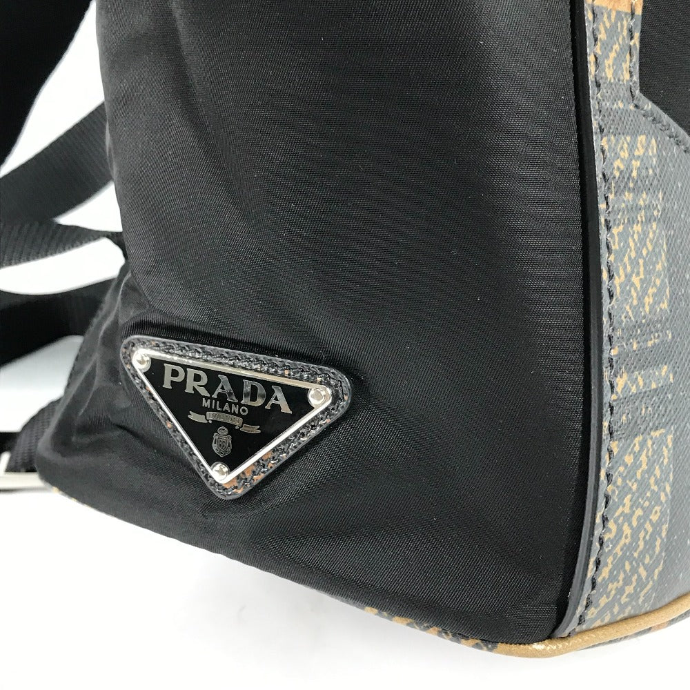 Prada Backpack 1 Bz038 Nylon / Leather Black Triangle Logo Plate Check Mens Used Authentic