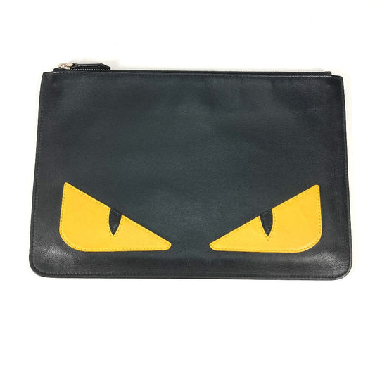 Fendi Clutch Bag 7 N0078 Leather Black Monster Women Used Authentic