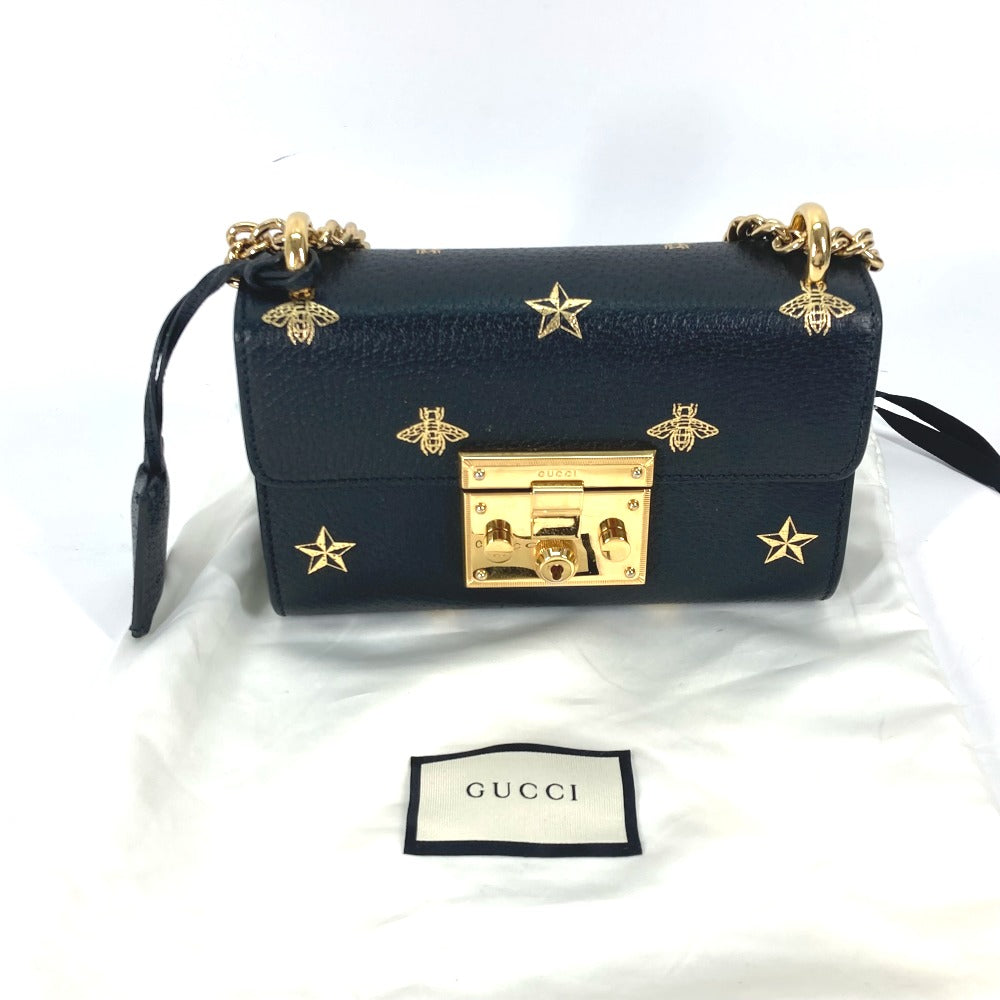 Gucci Shoulder Bag 432182 Leather Black Crossbody Bag Pochette Padlock Bee Women Used Authentic