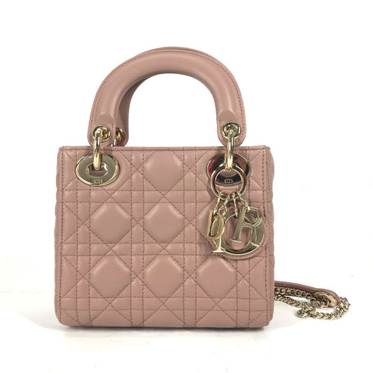 Dior Handbag M0505 Onge M50 P Lambskin Pink Beige Type Lady Dior Lady Dior Mini Bag Women Used Authentic