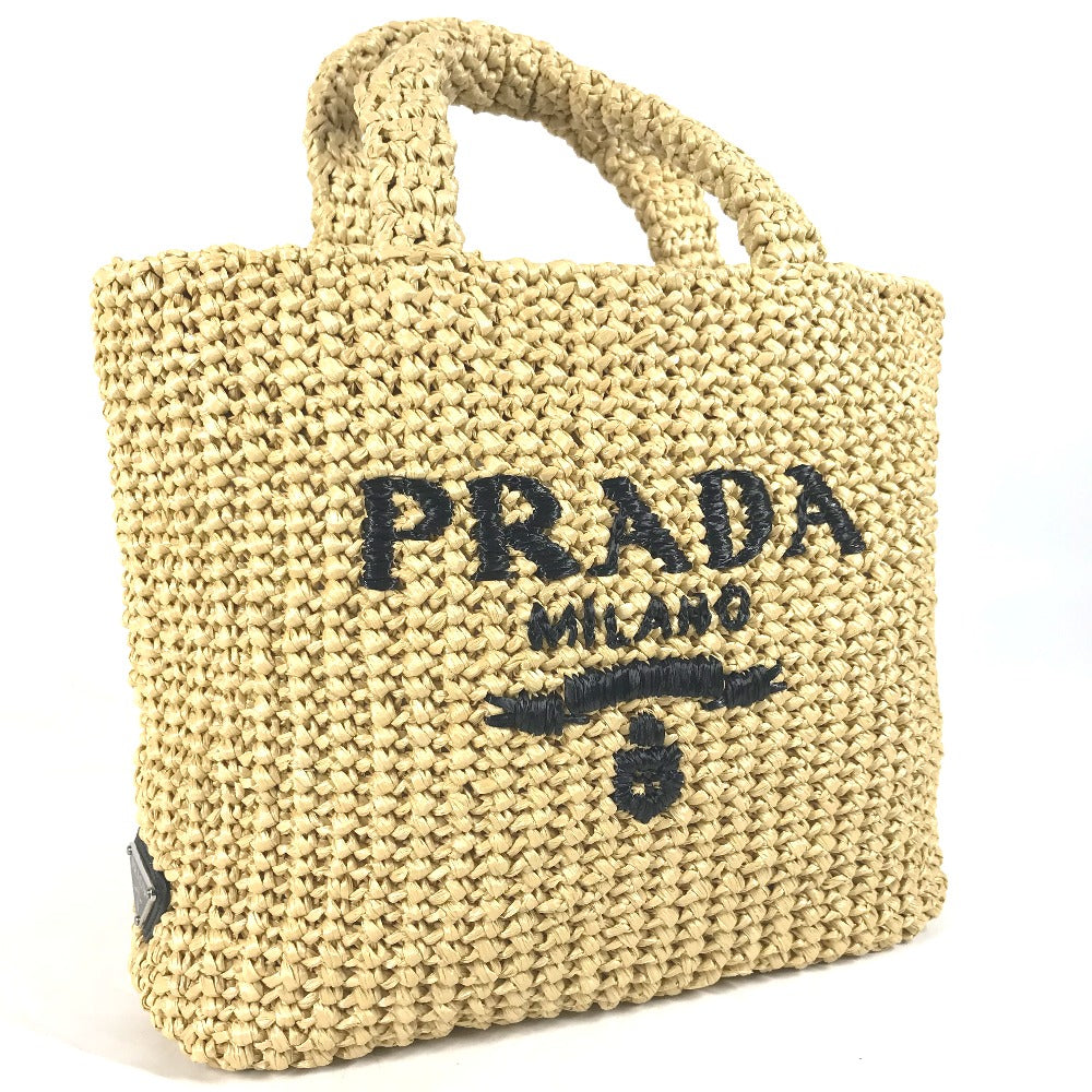 Prada Handbag 1 Bg422 Raffia Beige Basket Bag Straw Bag Crochet Triangle Logo Triangle Small Lettering Logo Women Used Authentic