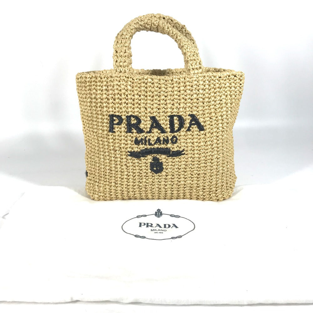 Prada Handbag 1 Bg422 Raffia Beige Basket Bag Straw Bag Crochet Triangle Logo Triangle Small Lettering Logo Women Used Authentic