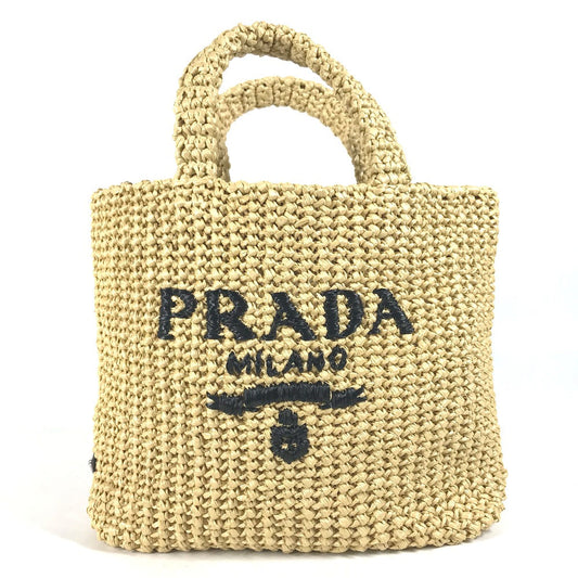 Prada Handbag 1 Bg422 Raffia Beige Basket Bag Straw Bag Crochet Triangle Logo Triangle Small Lettering Logo Women Used Authentic